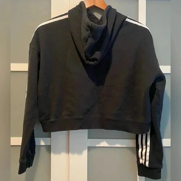 Adidas Women’s 100% Cotton Cropped Drawstring Hoodie Black White Stripes S‎ EUC - Picture 8 of 9